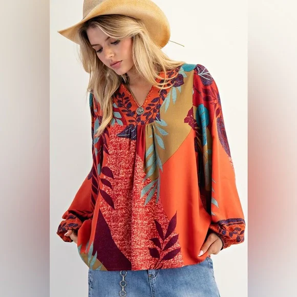 Easel rust olive floral patchwork bubble sleeve western boho tunic top blouse - Picture 3 of 4